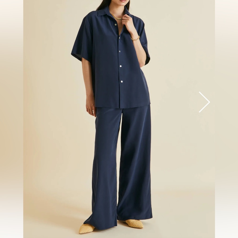 NWT OLIVA VON HALLE ALABAMA NAVY PAJAMAS IN SILK CRÊPE DE CHINE SIZE M NAVY